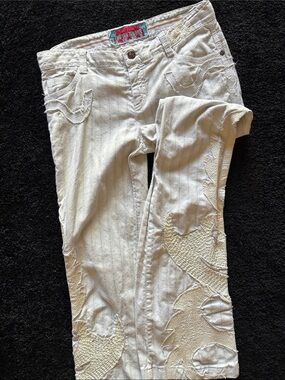 JOHNNY WAS Two Ten Ten Five Biya Striped Beige Pants bohemian appliqué size 4